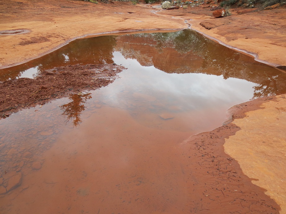 Reflection of red rock cliff in puddle on otherwise dry red stone streambed.
