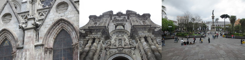 Montage of 3 shots of Quito basilica, cathedral, and plaza.