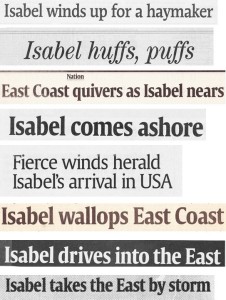 Headlines from Hurricane Isabel's landing on east coast of USA.