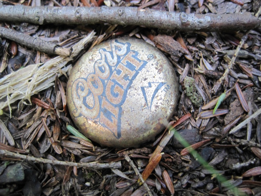 Rusted and faded Coors Light bottle cap, embedded in forest floor.