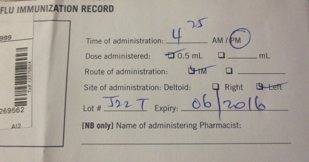 Close-up of flu shot record, showing lot number for "recall" purposes.