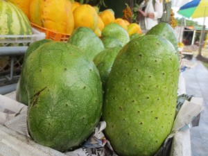 Large green fruit at roadside stand in Costa Rica.