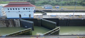 Gates of Mriaflores Locks, half open.