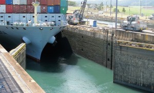 Cargo ship moving through Gatun Locks.