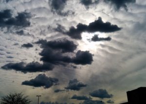 Almost black and white view of cloudy sky in late afternoon.