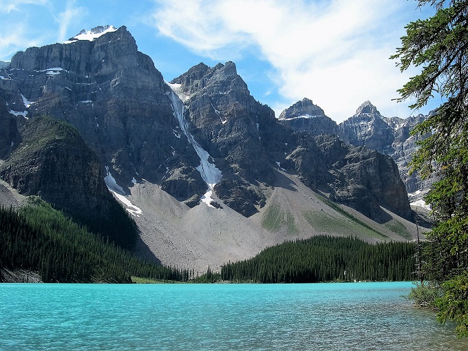 Glacier-blue water with craggy peaks and talus slopes as backdrop.