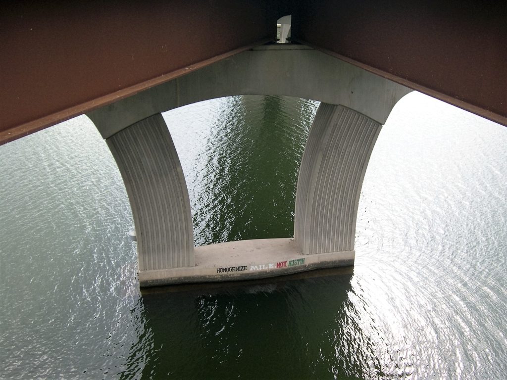 Graffiti on bridge in Austin: Homogenize milk, not Austin.