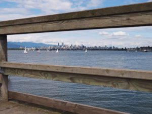 City skyline seen through dock railings