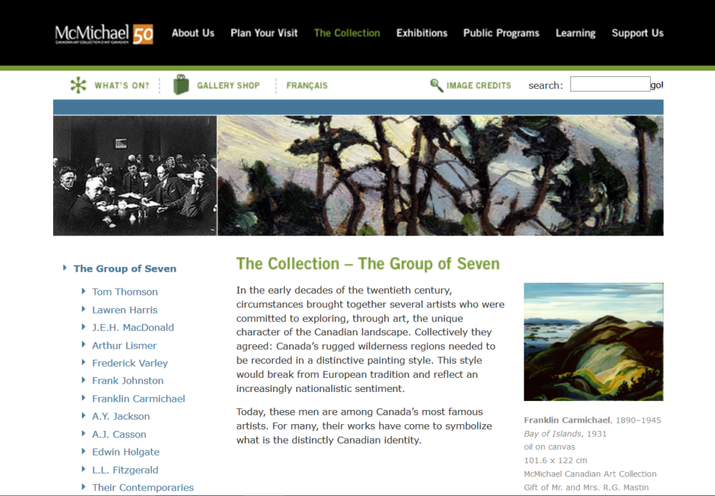 Screenshot of McMichael Collection page on Group of Seven