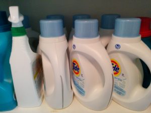 Seven jugs of Tide laundry soap in my cupboard.