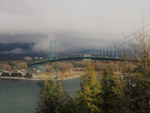 Sunlit Lion's Gate Bridge to North Vancouver.