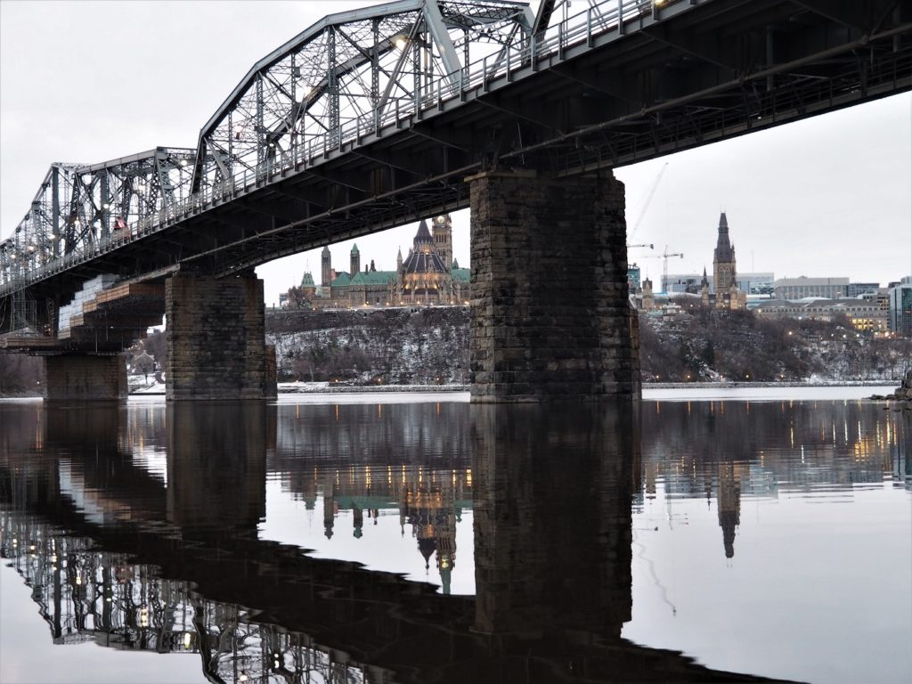 Early morning view of Alexandra Bridge, Parliament Hill in background