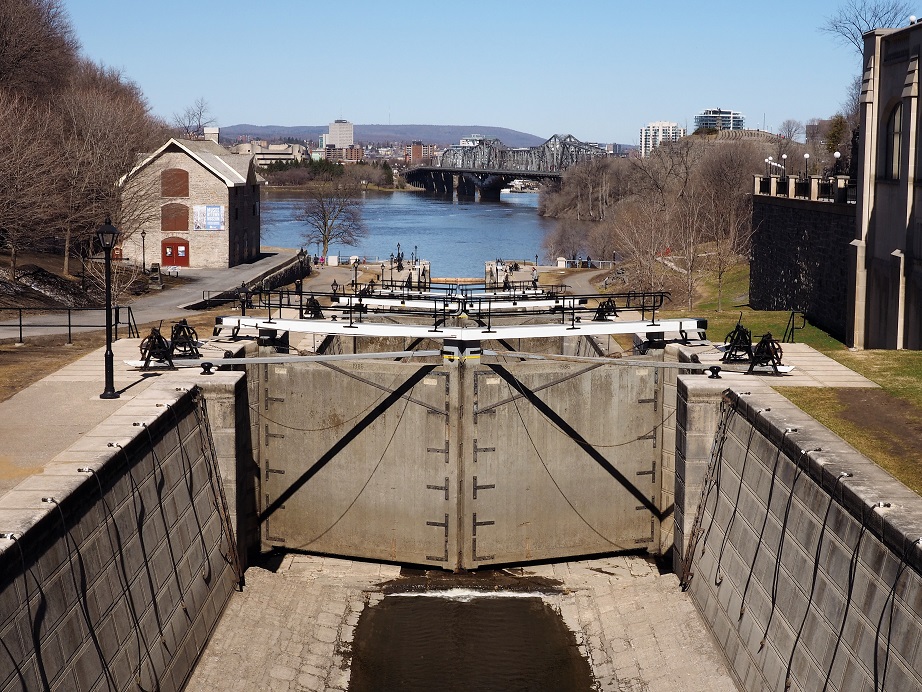 Lock chambers stepping down to Ottawa River in background.