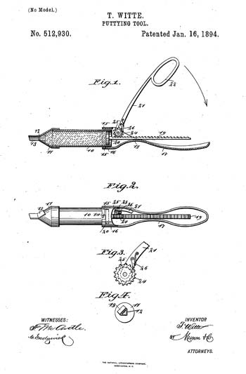 Drawings from 1894 patent application for sealant gun.