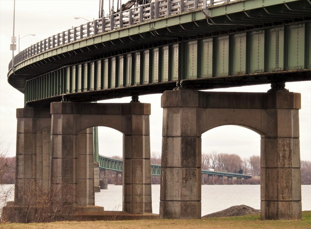 View of pylons from under bridge.