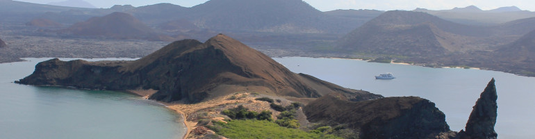 View from Bartolome lookout of Santiago Island in distance; anvil-shaped peninsula in foreground.bel Gibson