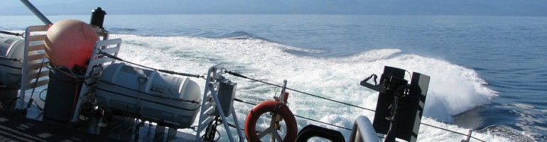 View of rear of frigate's helicopter deck, canted to port.