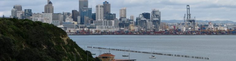 Auckland skyline in distance, across bay.