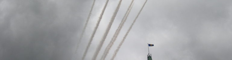 Nine Canadair Tutors in formation over Parliament Hill.