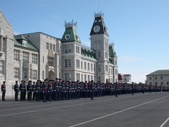 Cadets on parade ground in front of Royal Military College.