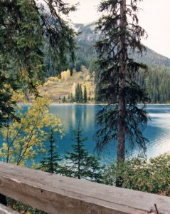 View of glacier-blue lake with hill covered in spruce trees in background