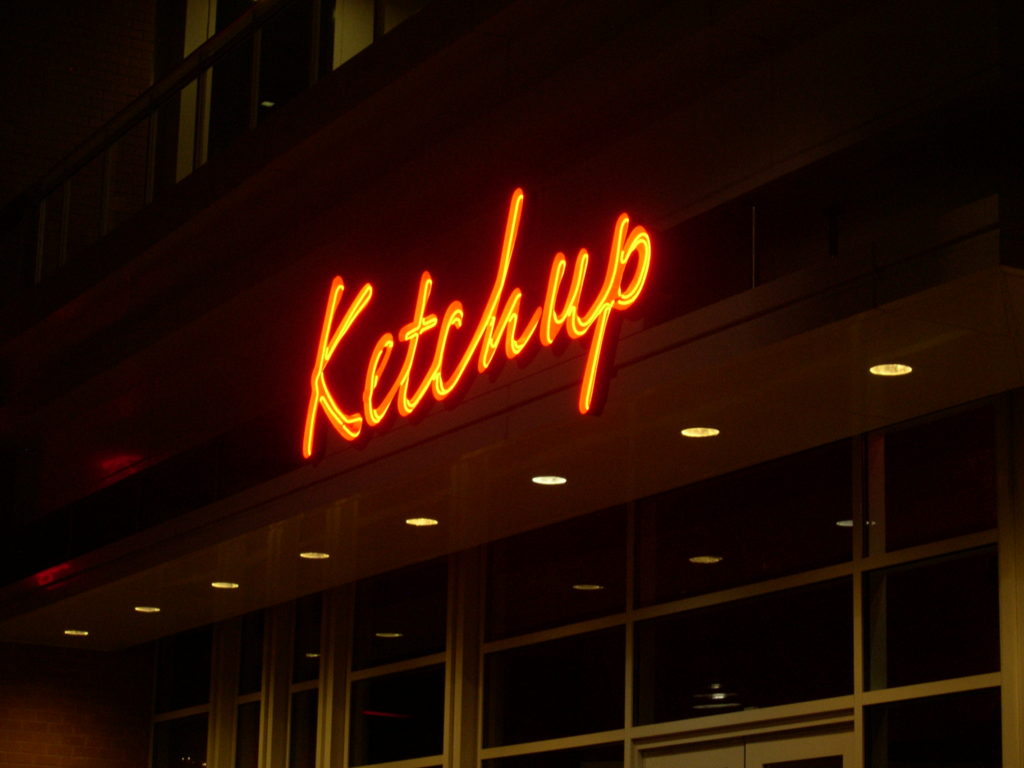 Red neon sign for Ketchup restaurant