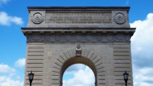 View of top of Memorial Arch at Royal Military College in Kingston