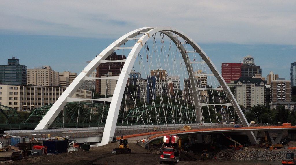 Angled view of new Walterdale Bridge and surrounding construction zone