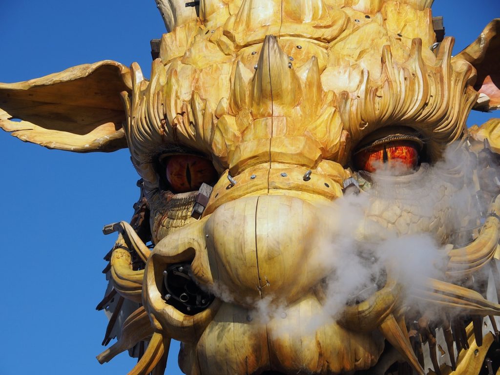 Close-up of head and Long-Ma, the horse-dragon, in front of Ottawa City Hall.