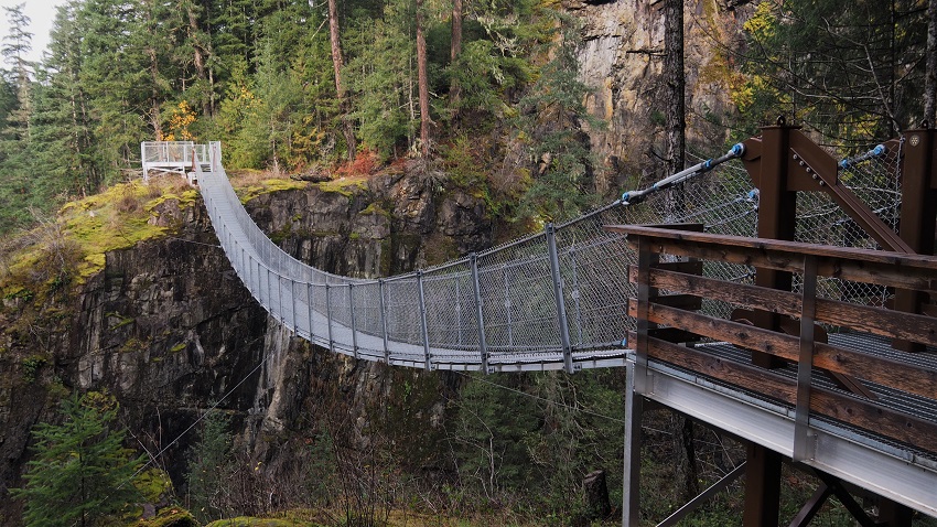 Side view of suspension bridge.
