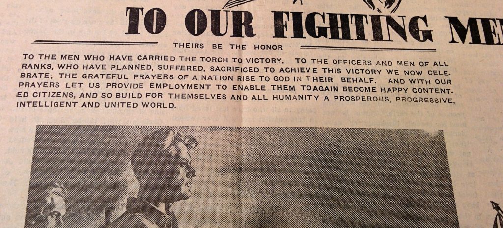 Prayer for peace at end of WWII, printed in rural Alberta newspaper