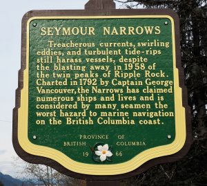 Historical plaque overlooking Seymour Narrows and site of Ripple Rock.