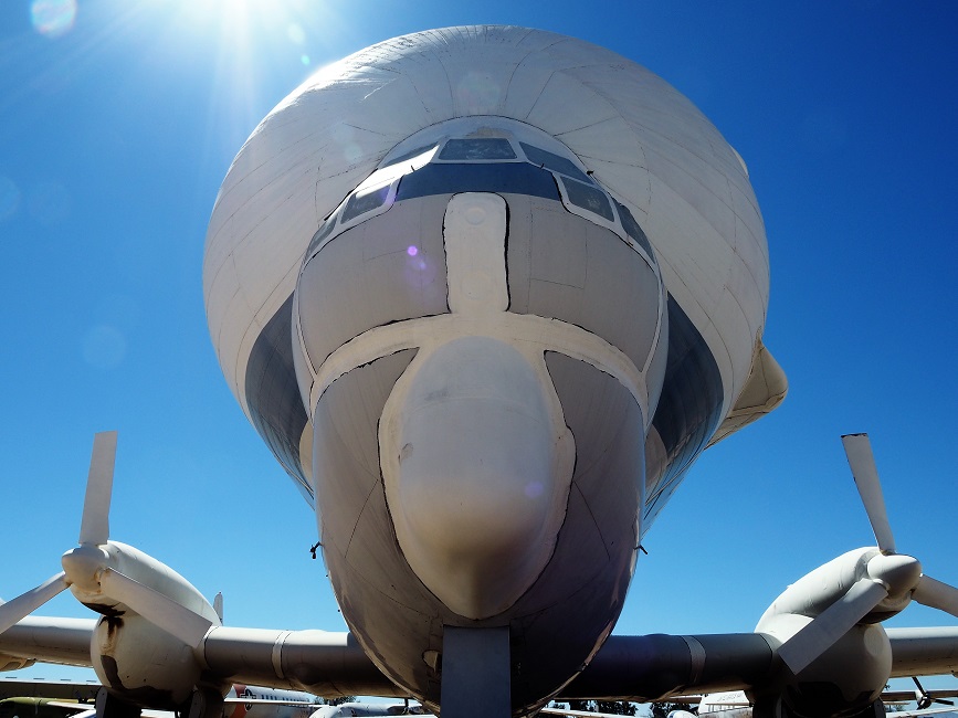 Front-on view of airplane with large nose.