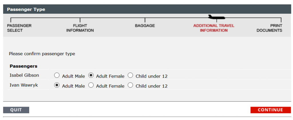 Screenshot of check-in screen