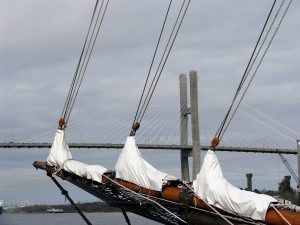 View of one set of cables on Talmade Memorial Bridge.