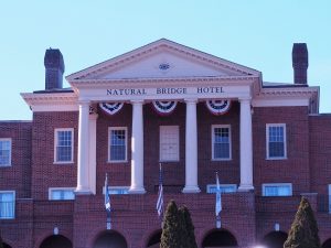 Greek-style facade of hotel at Natural Bridge