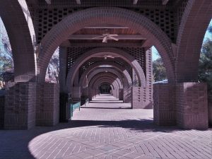 Walkway under brick arches