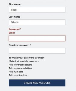 Screenshot of accoutn set-up page; empty password field showing as "weak."