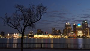 Detroit skyline before sunrise.