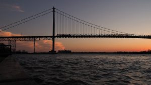 Windsor side of Ambassador Bridge at sunset