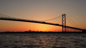 Detroit side of Ambassador Bridge at sunset