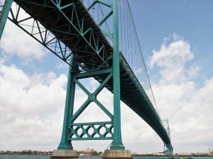 Ambassador Bridge from river level, underneath main span