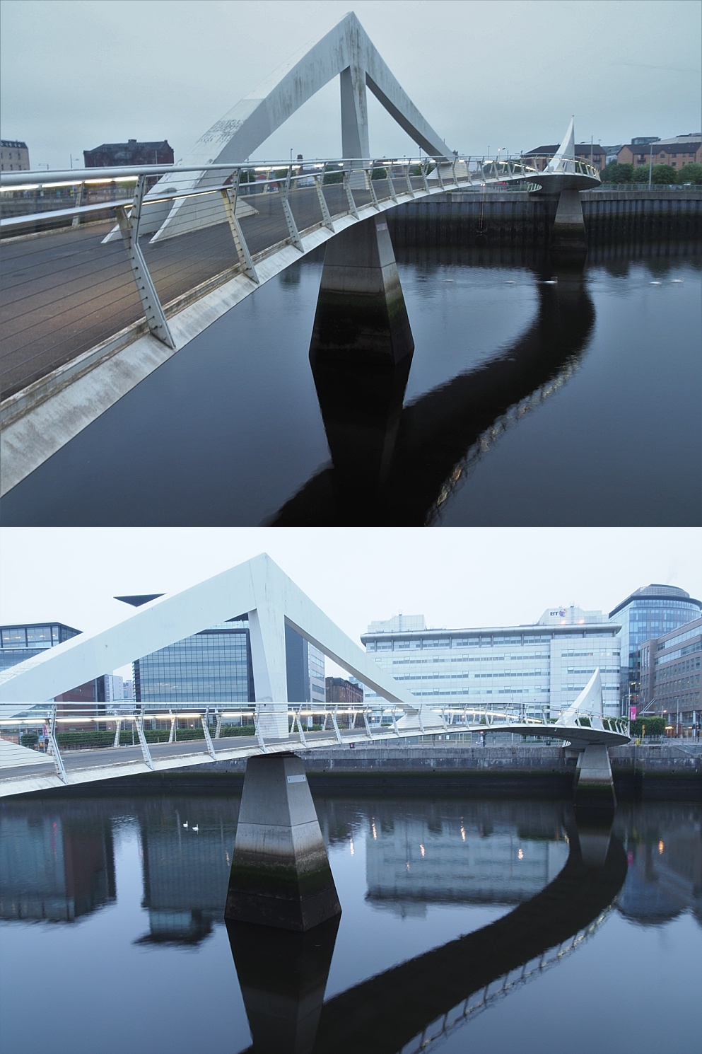 Early morning views of the pedestrian bridge across the River Clyde, from both ends.