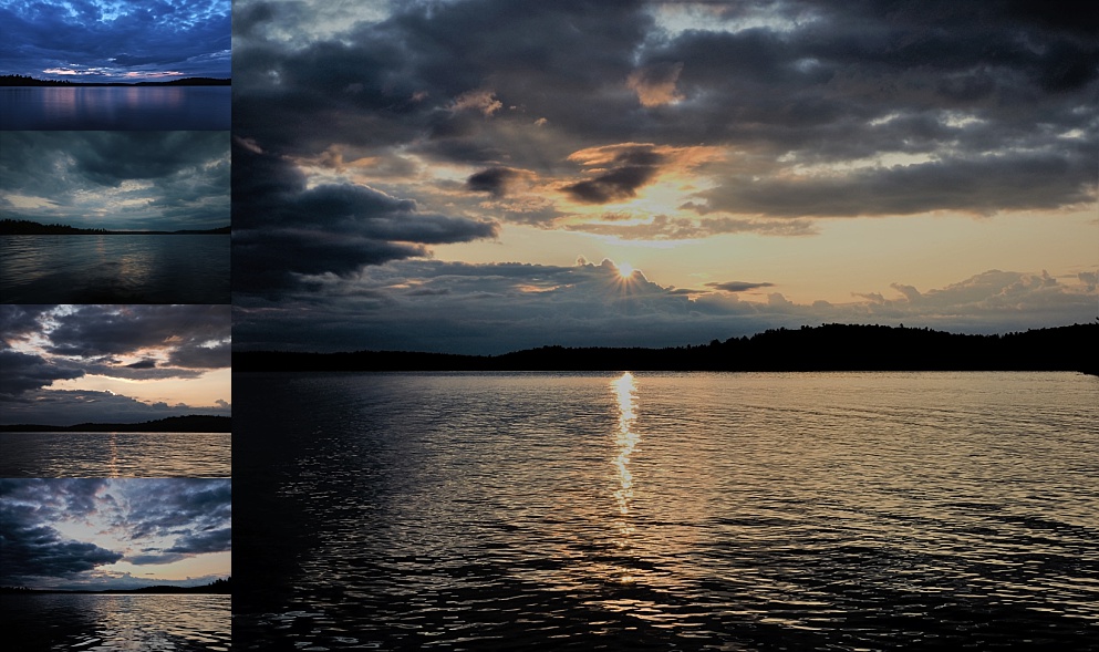 5-photo collage of sunrise at Lake Clear in July.