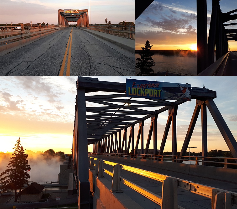 3-photo collage of St. Andrew's lock and dam at sunrise