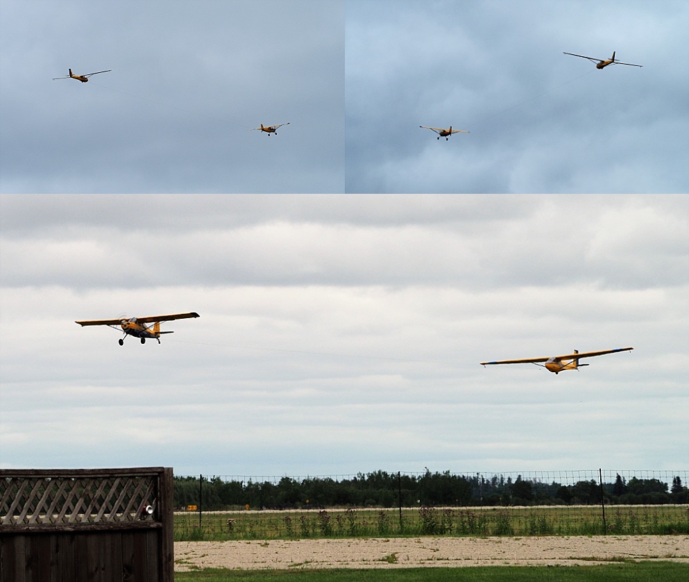 3-photo collage of tow plane and glider taking off