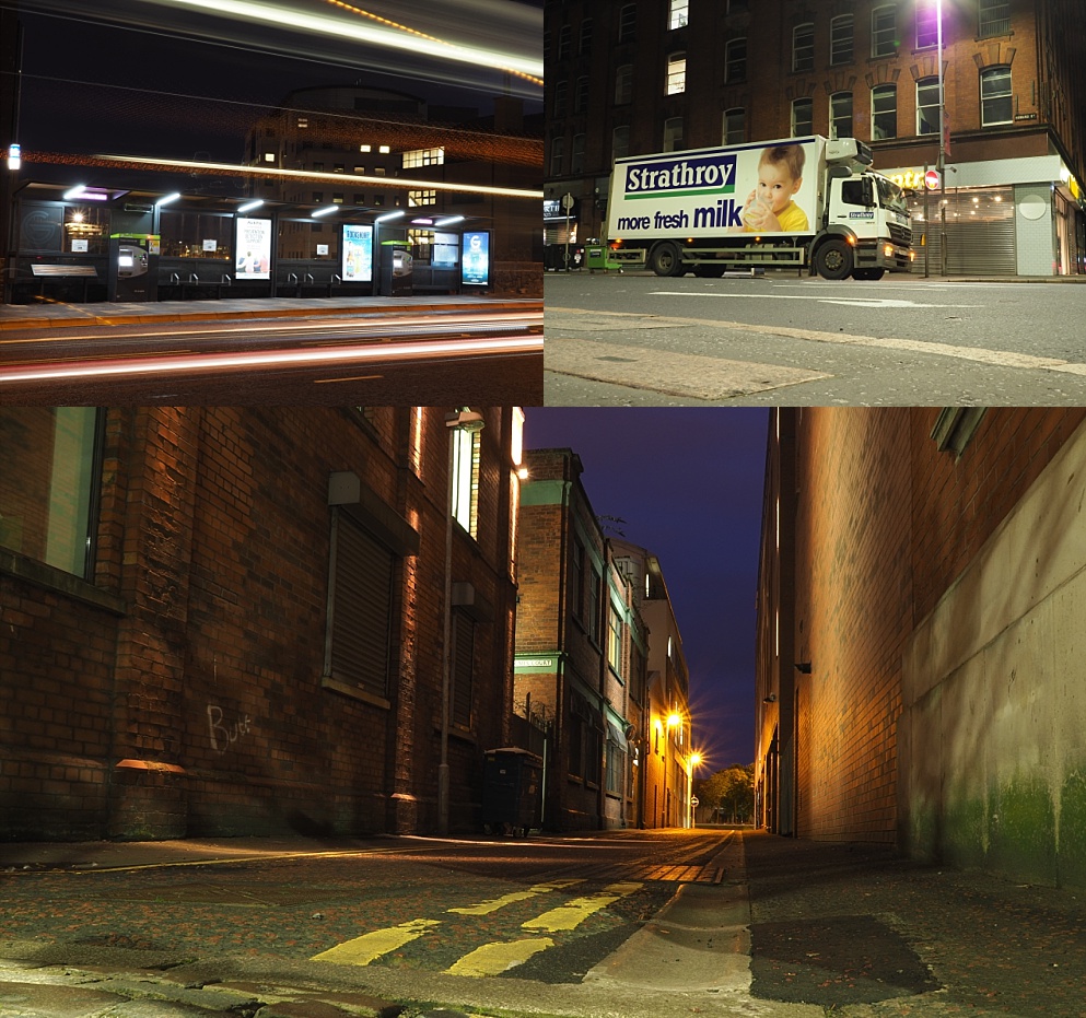 3-photo collage of Belfast's streets at night