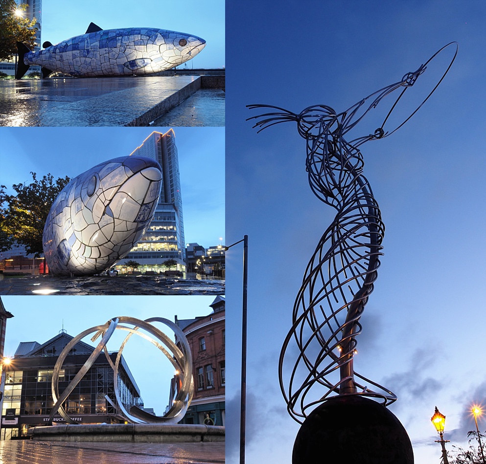 4-photo collage of the Big Salmon, Beacon of Hope, and Spirit of Belfast