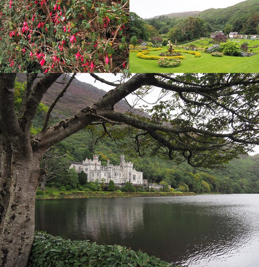 3-photo collage of Kylemore Abbey and its gardens