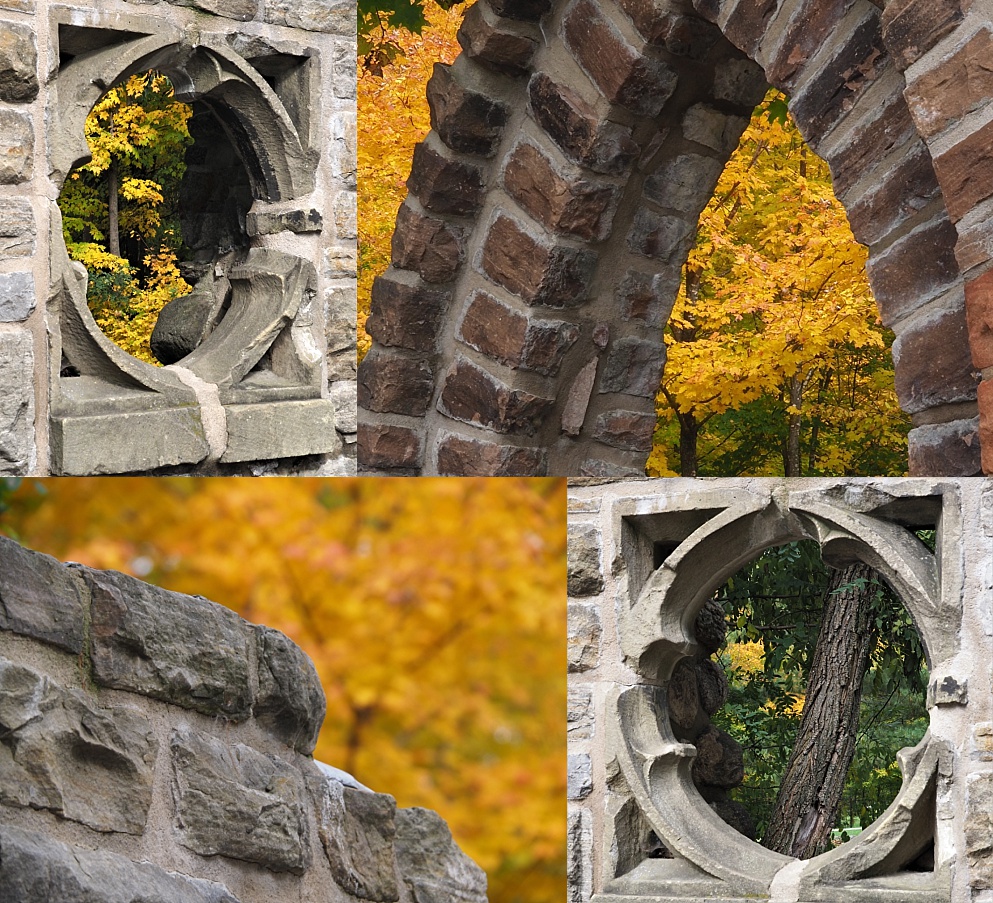 4-photo collage of fall colours at Mackenzie King Estate